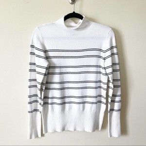 French Connection White Striped Mock Neck Knit Sweater